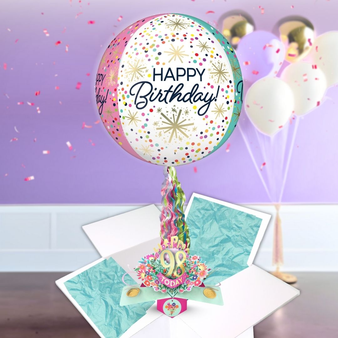 98th Birthday Pop Up Card & Floating Balloon In A Box Surprise For Her