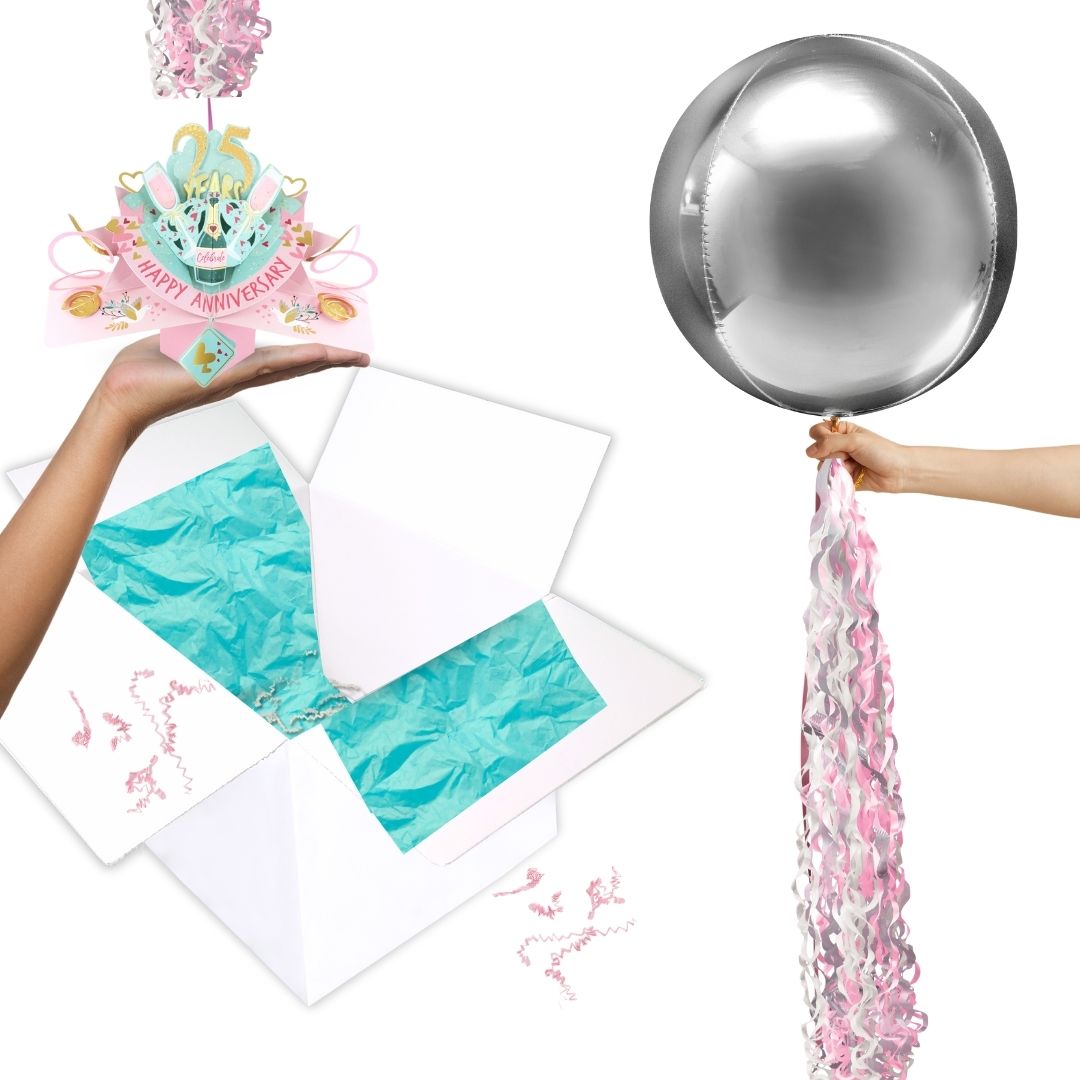 25 Years Happy 25th Anniversary Pop Up Card & Floating Balloon In A Box Surprise