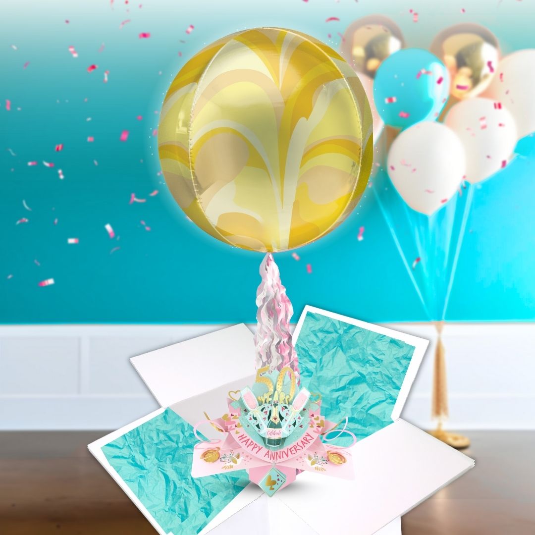 50 Years Happy 50th Anniversary Pop Up Card & Floating Balloon In A Box Surprise