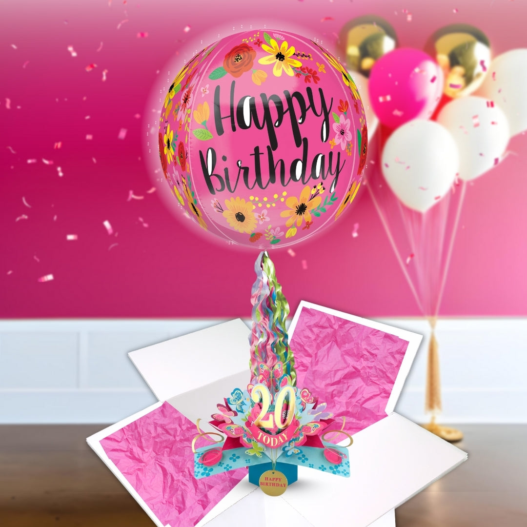 20th Birthday Pop Up Card & Floating Balloon In A Box Surprise Gift