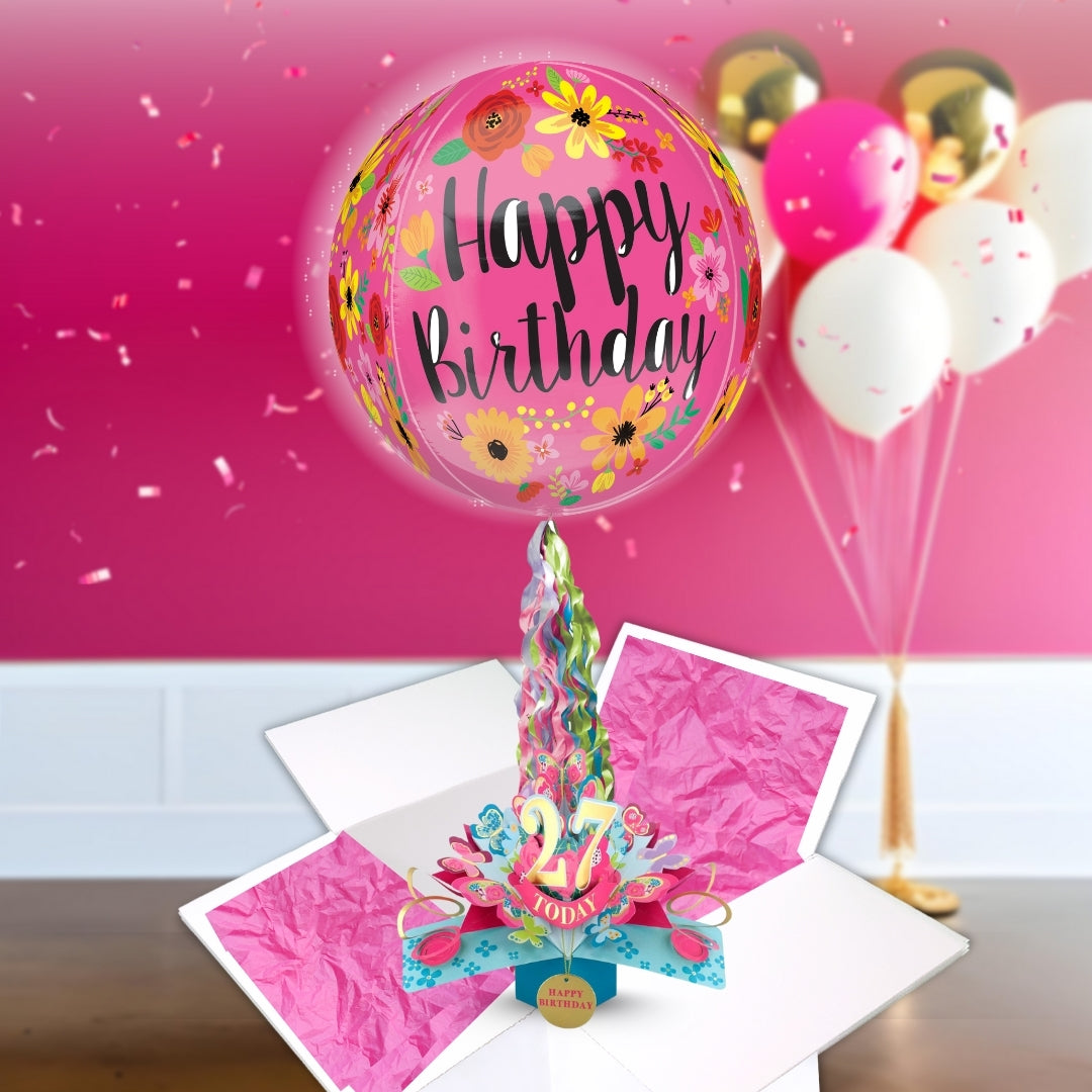 27th Birthday Pop Up Card & Floating Balloon In A Box Surprise Gift