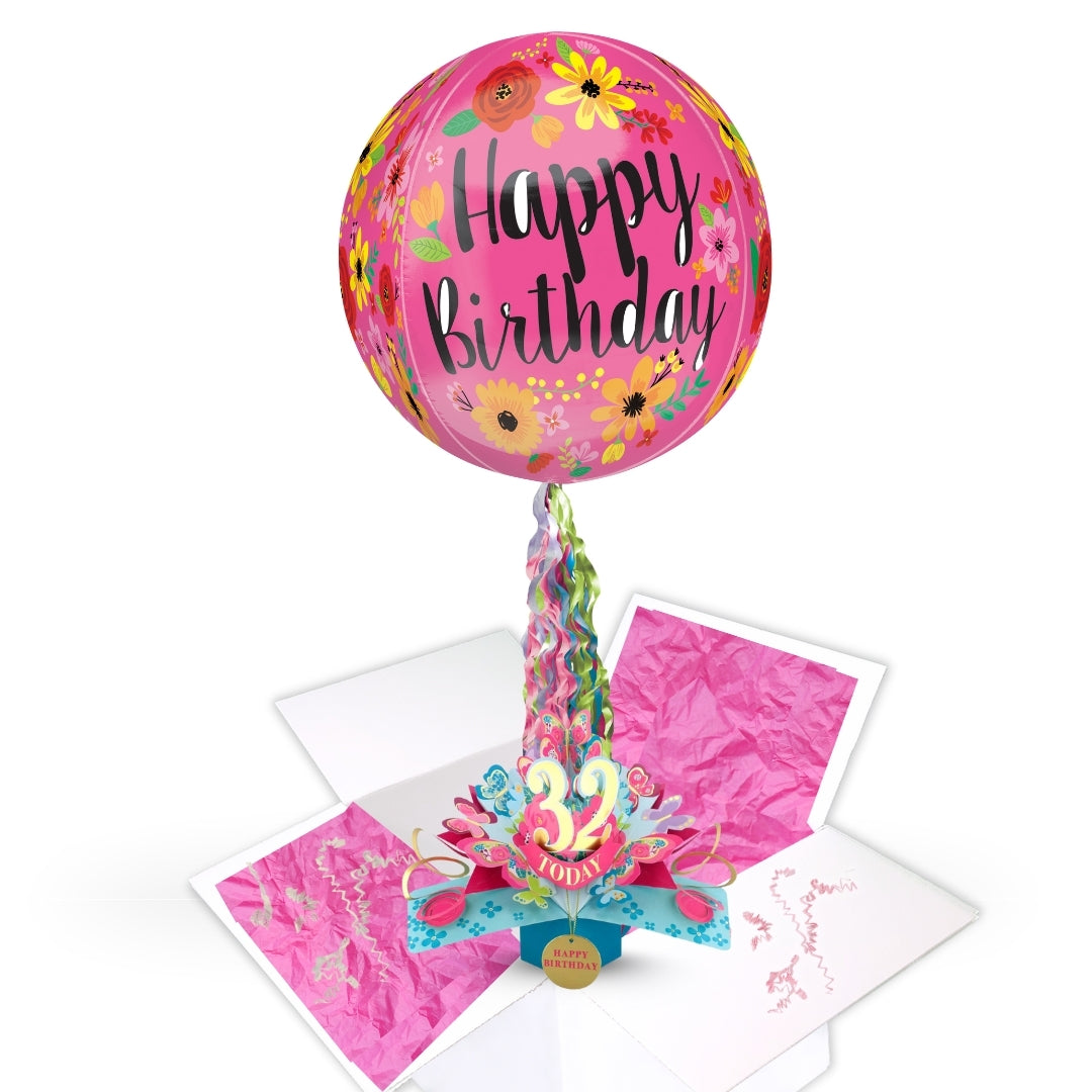 32nd Birthday Pop Up Card & Floating Balloon In A Box Surprise Gift