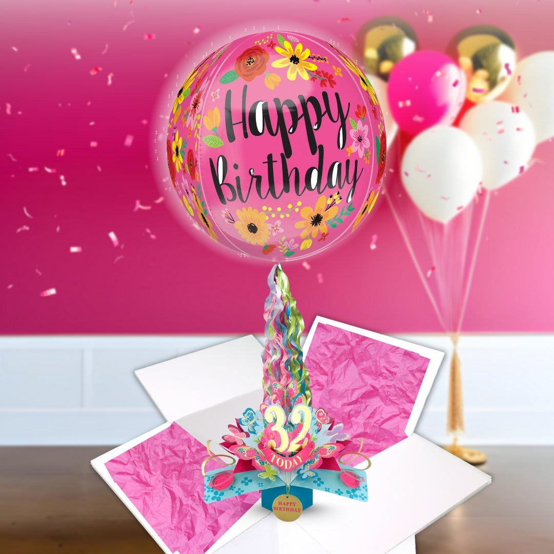 32nd Birthday Pop Up Card & Floating Balloon In A Box Surprise Gift