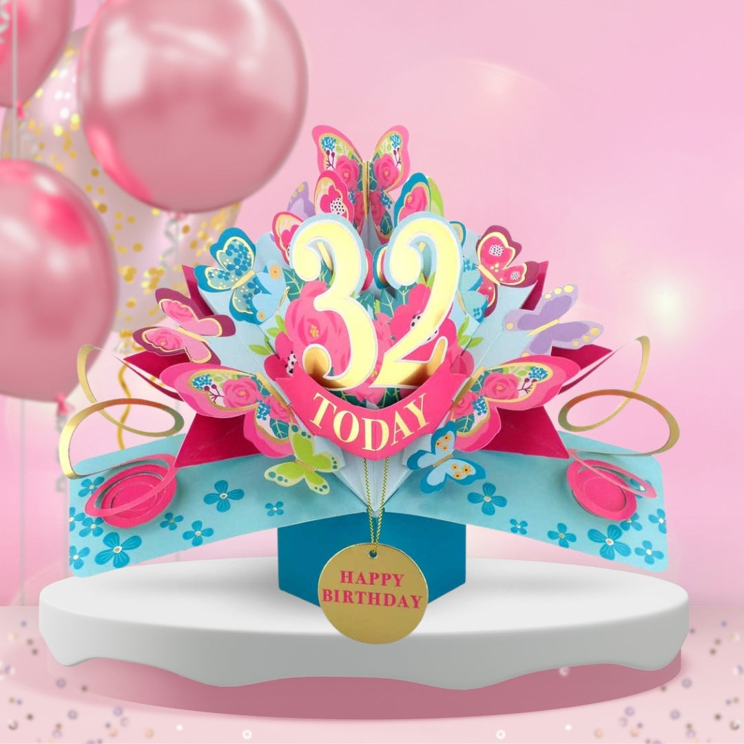 32nd Birthday Pop Up Card & Floating Balloon In A Box Surprise Gift