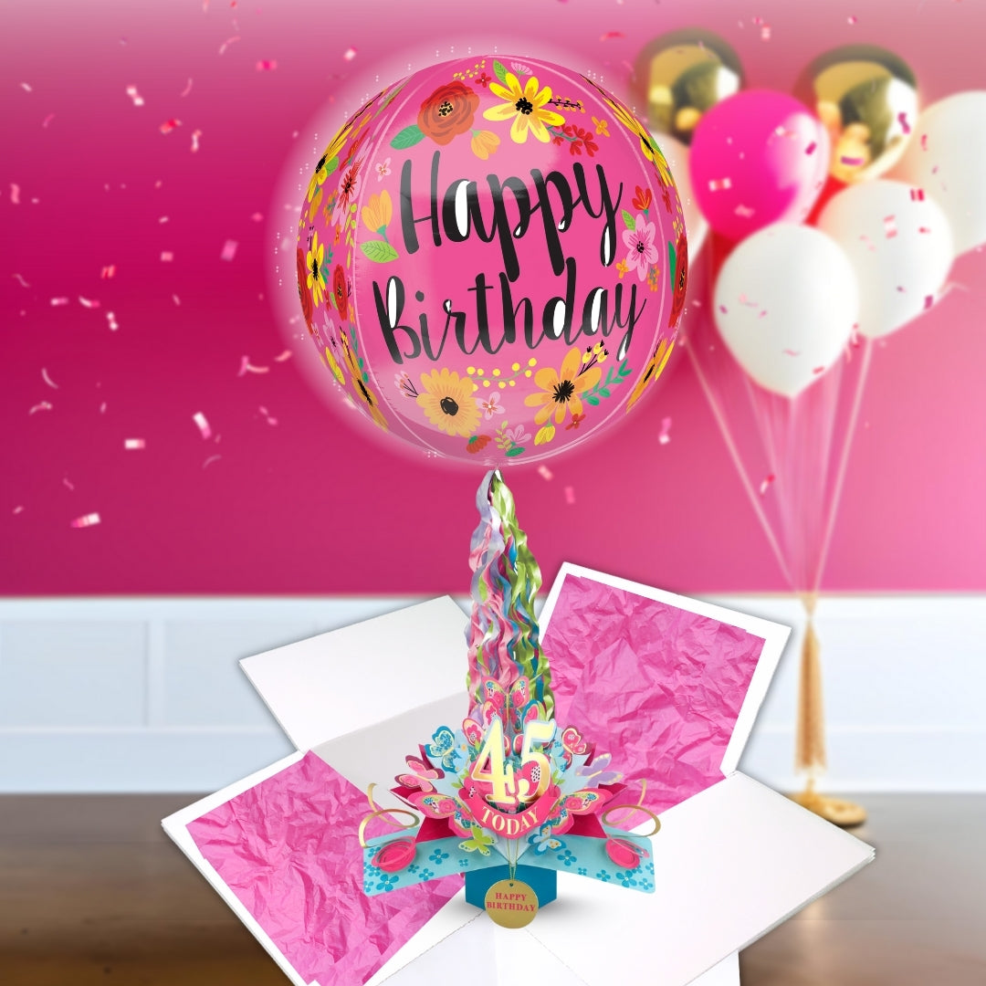 45th Birthday Pop Up Card & Floating Balloon In A Box Surprise Gift