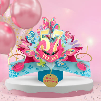 57th Birthday Pop Up Card & Floating Balloon In A Box Surprise Gift