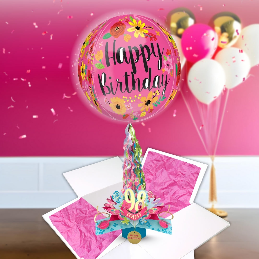 98th Birthday Pop Up Card & Floating Balloon In A Box Surprise Gift
