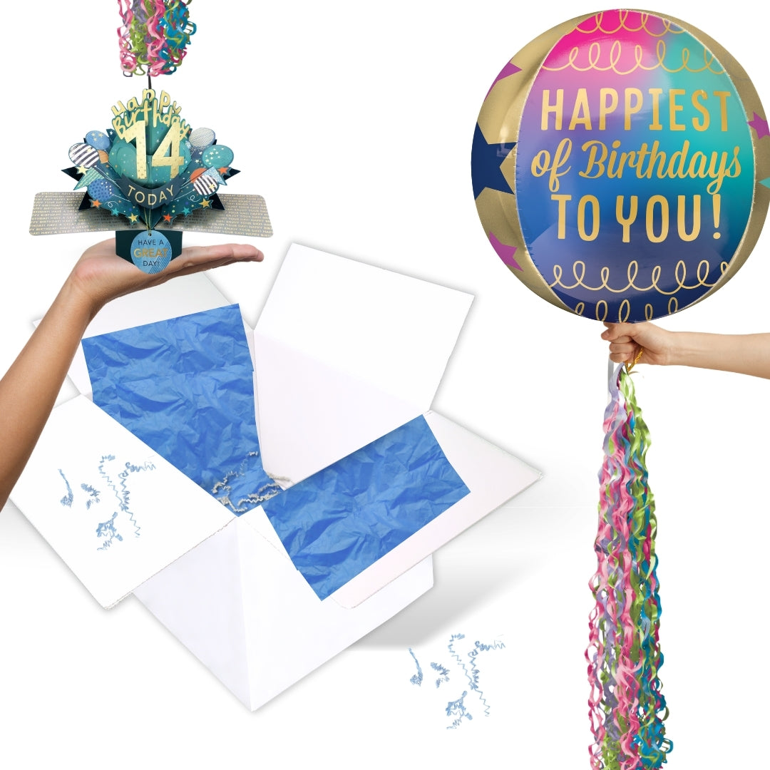 14th Birthday Pop Up Card & Floating Balloon In A Box Surprise Gift