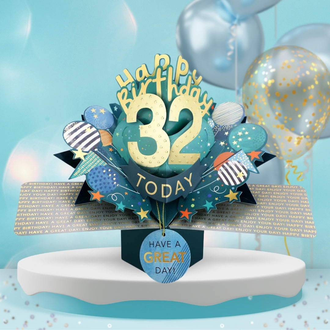 32nd Birthday Pop Up Card & Floating Balloon In A Box Surprise Gift