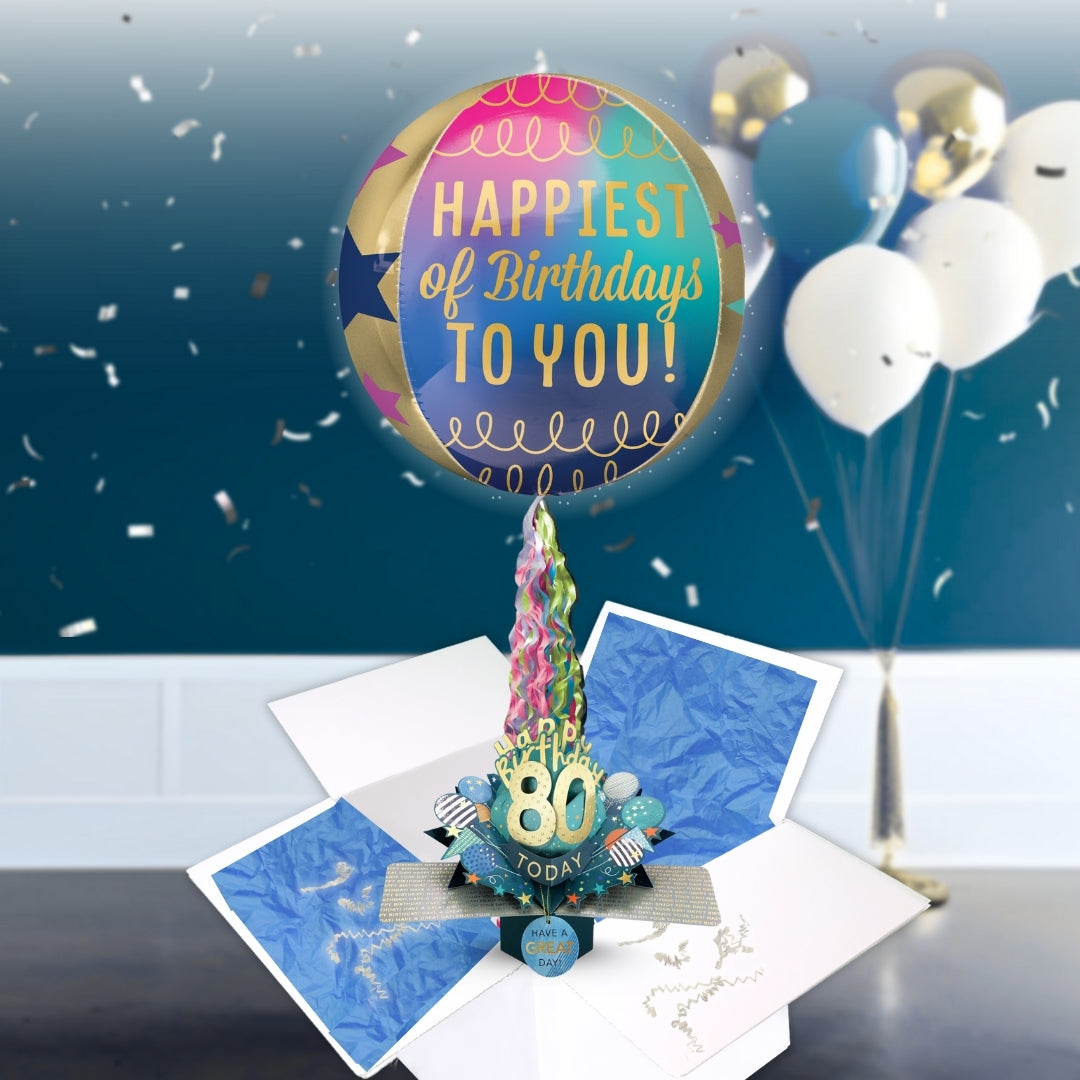 80th Birthday Pop Up Card & Floating Balloon In A Box Surprise Gift