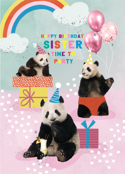 Scribbler Time To Party Sister Panda Party Pals! Funny Birthday Card