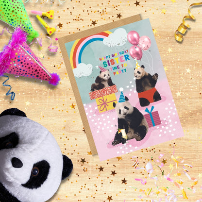 Scribbler Time To Party Sister Panda Party Pals! Funny Birthday Card