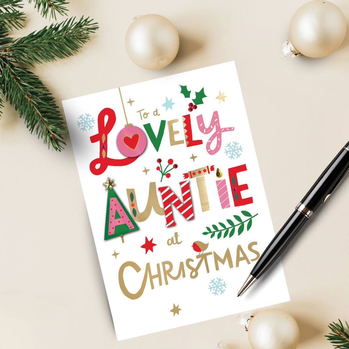 Auntie Christmas Card Snow Much Fun Hand-Finished Embellished Festive Design