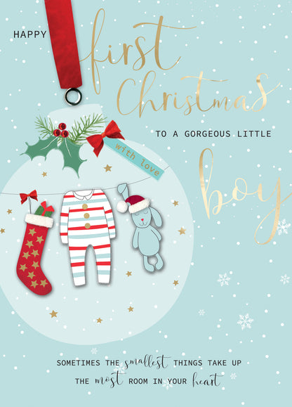 Baby Boy's First Christmas Embellished Hand-Finished Christmas Greeting Card