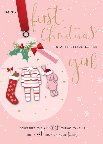 Baby Girl's First Christmas Embellished Hand-Finished Christmas Greeting Card