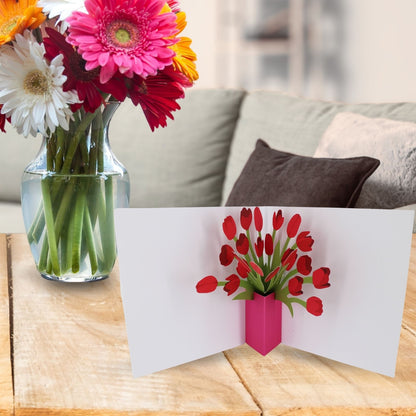 2toTango 3D Pop Up Card Floral Display Red Tulips Greeting Card Any Occasion