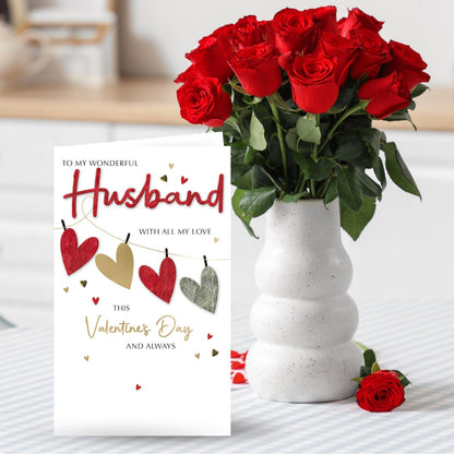 Hand-Finished Wonderful Husband Valentine's Card Embellished Hearts Champagne Card