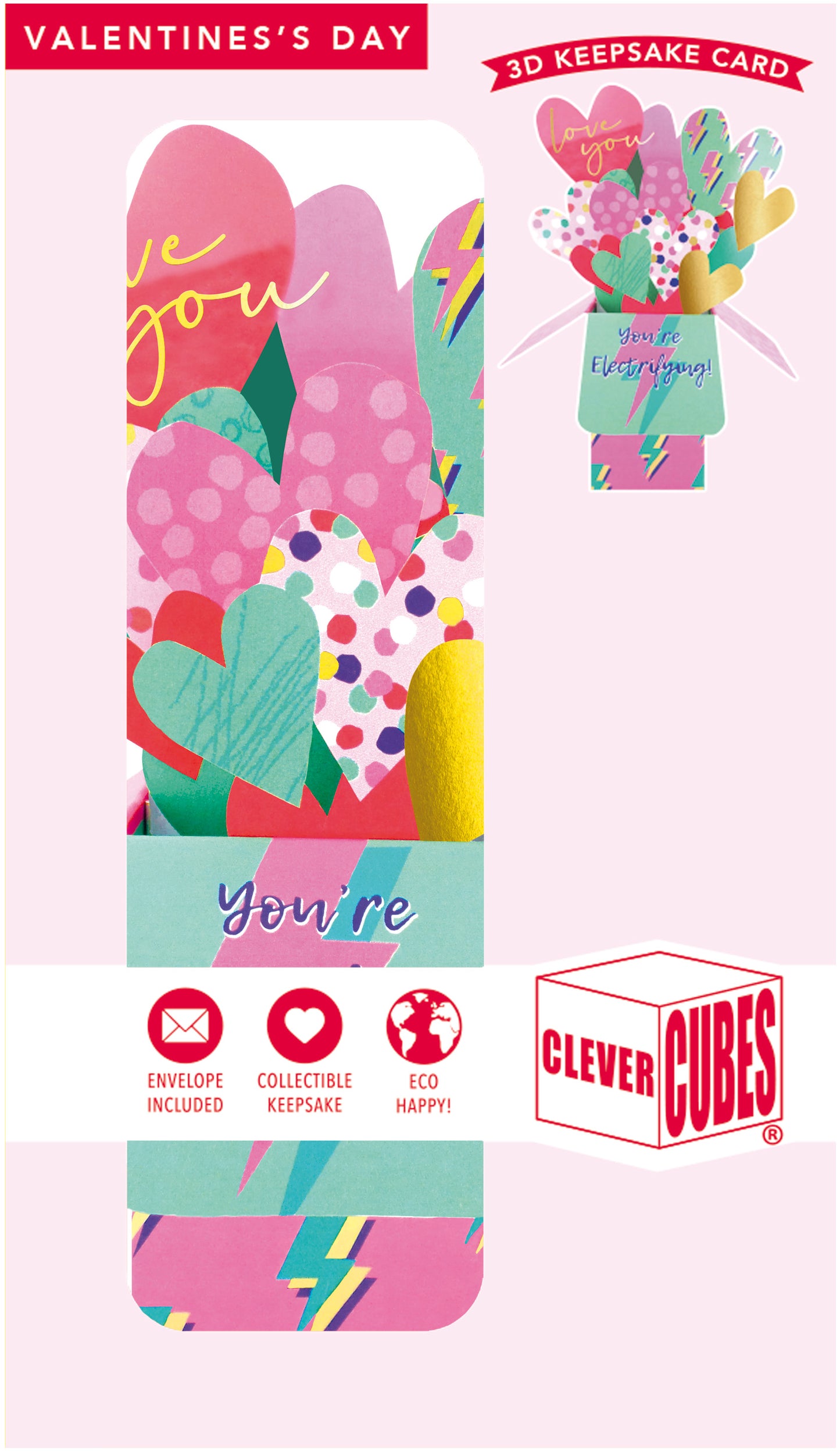 Clever Cubes Pop Up Hearts You're Electrifying Valentine's Day Pop Up Card