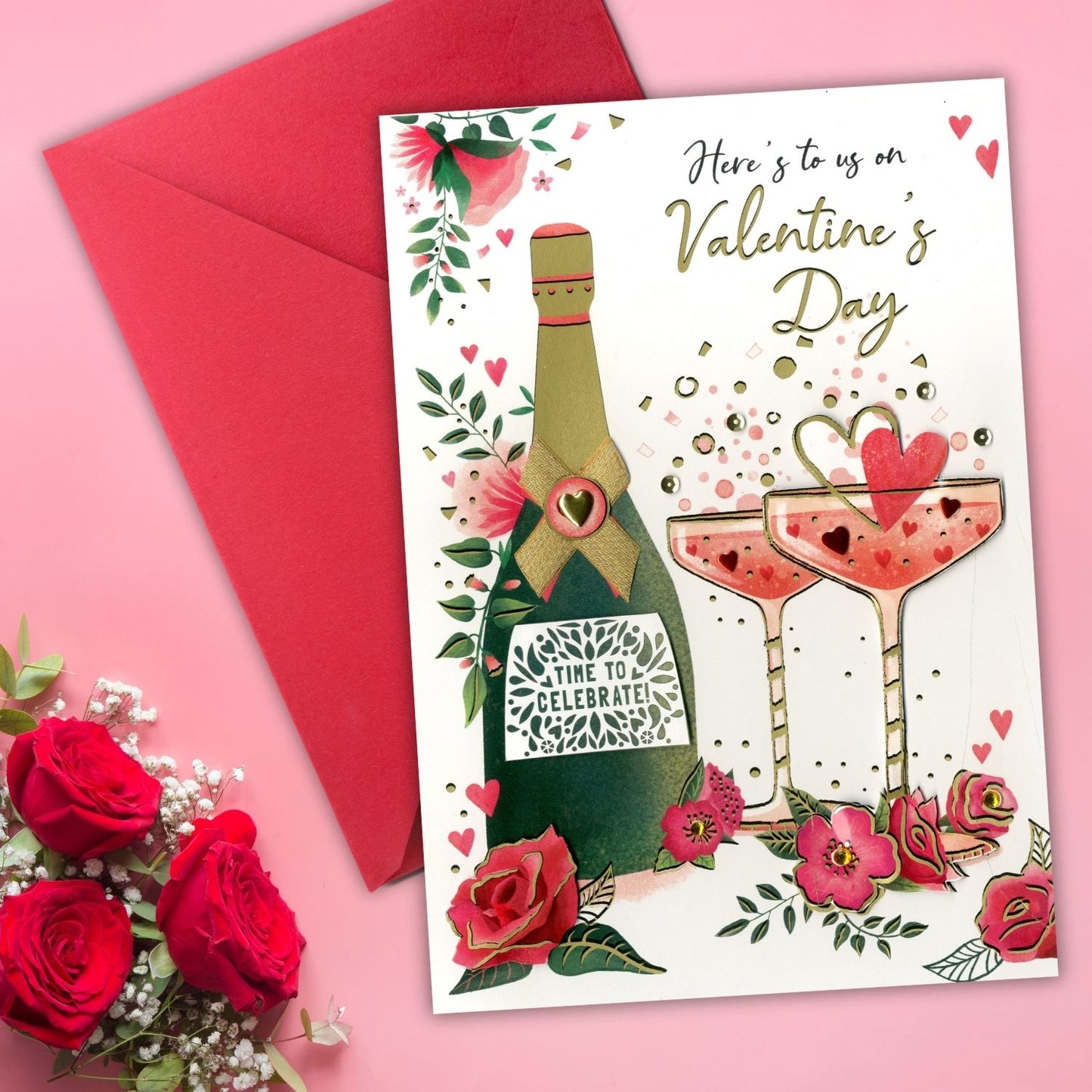 Here's To Us Golden Bubbles Galore! Valentines Day Hand-Finished Greeting Card