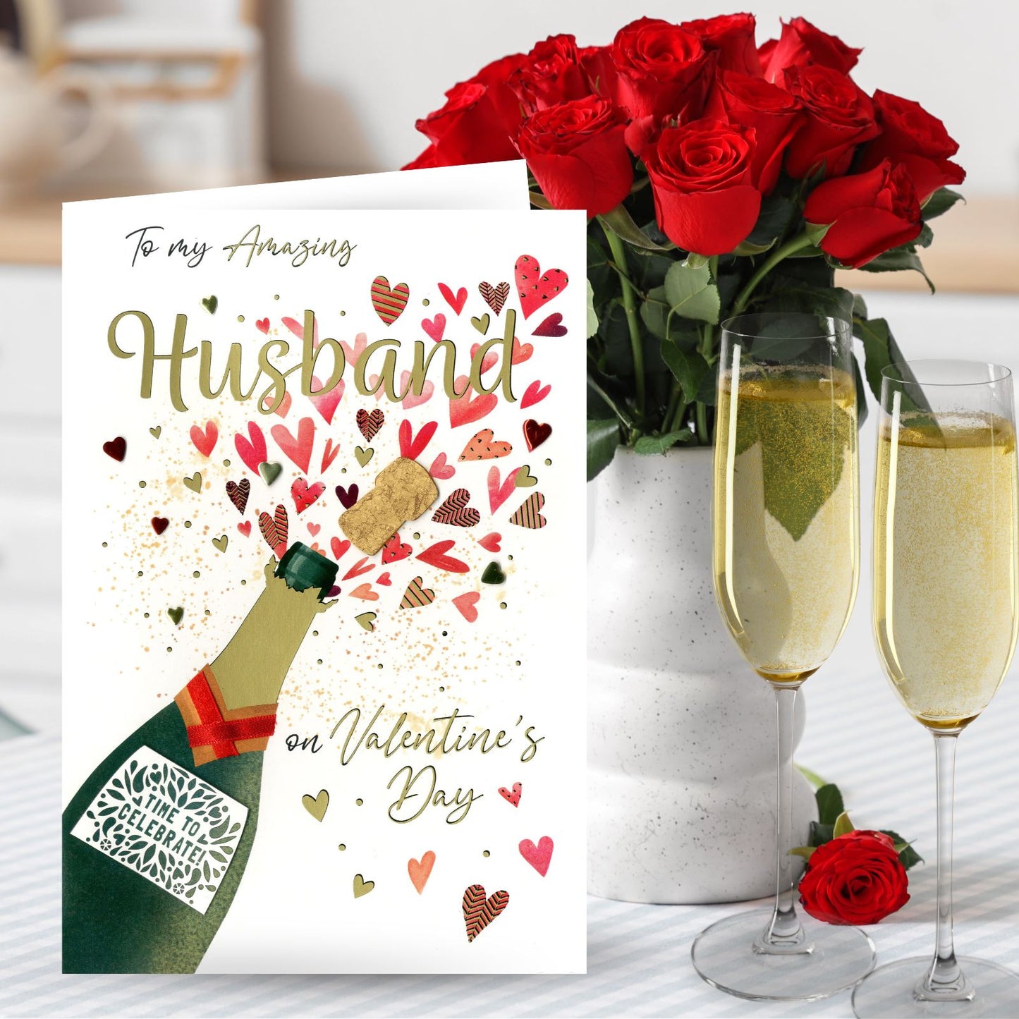Magnifique Amazing Husband Embellished Valentine's Card Champagne Popping Hearts