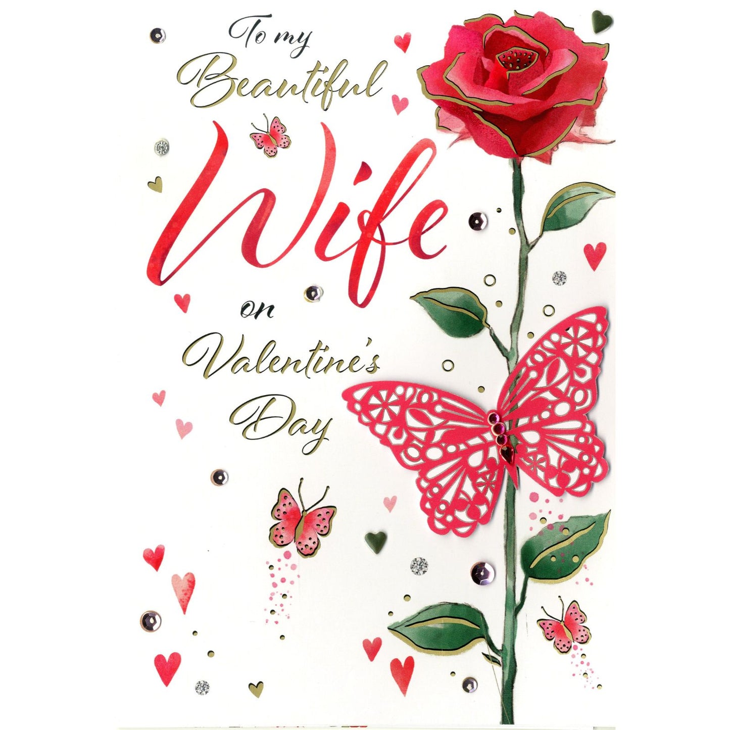 Magnifique Beautiful Wife Embellished Valentine's Card Single Rose & Butterfly