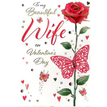 Magnifique Beautiful Wife Embellished Valentine's Card Single Rose & Butterfly