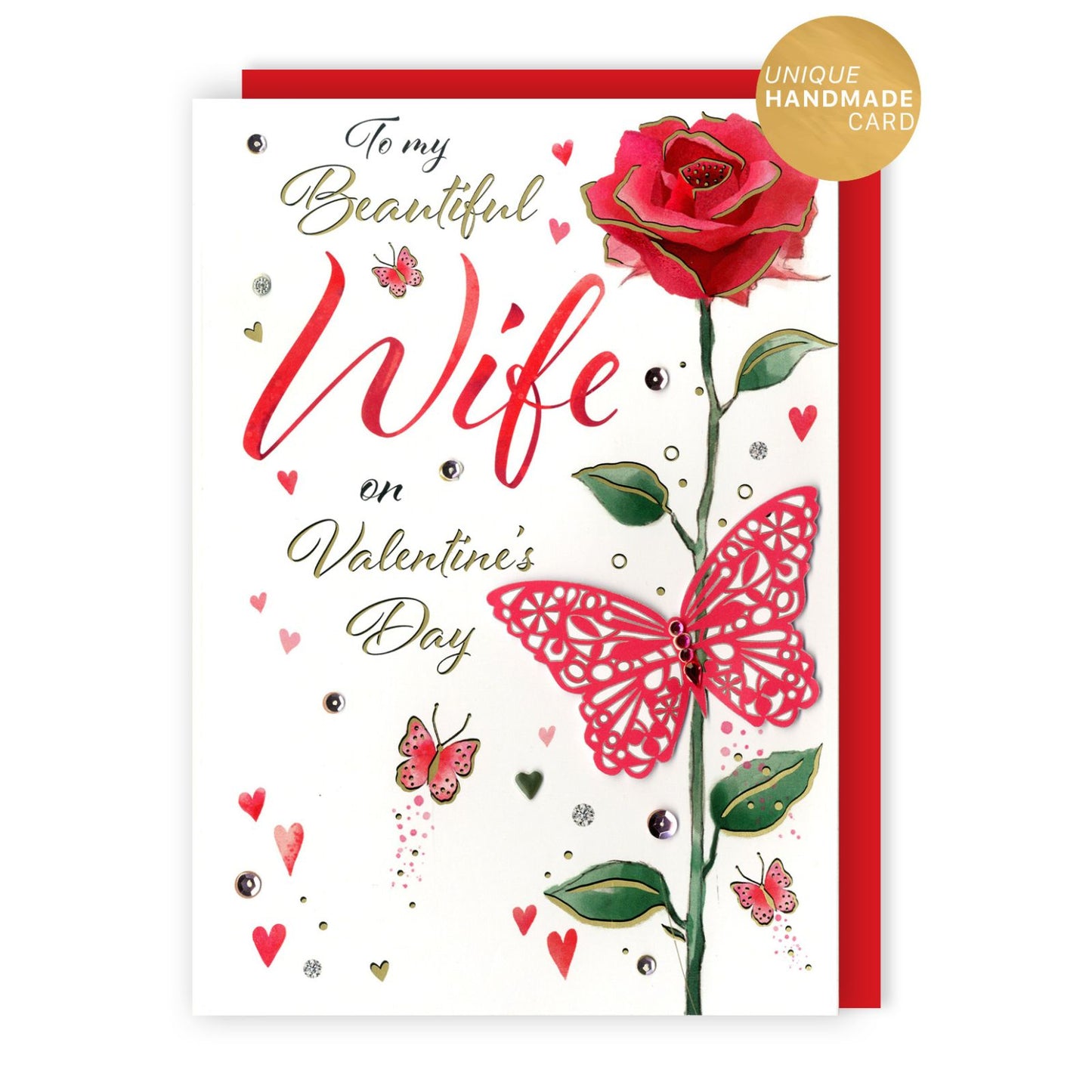 Magnifique Beautiful Wife Embellished Valentine's Card Single Rose & Butterfly