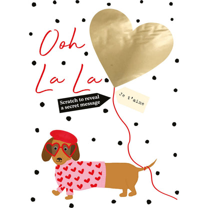 Valentine's Day Greeting Card Sausage Dog Scratch-To-Reveal Secret Message Card