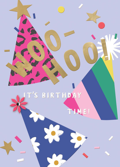 Embellished Woo-Hoo! Party Hats Birthday Greeting Card Celebration Extravaganza
