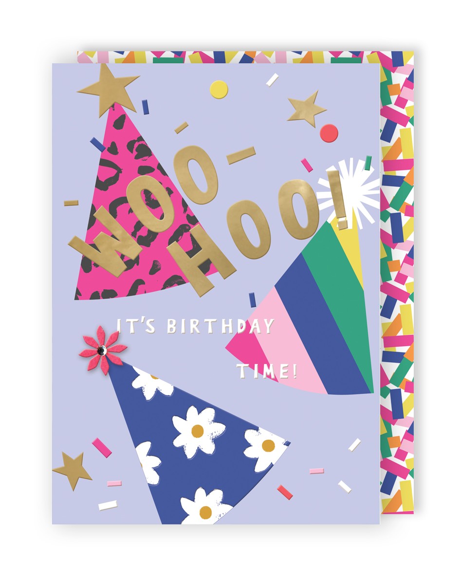 Embellished Woo-Hoo! Party Hats Birthday Greeting Card Celebration Extravaganza