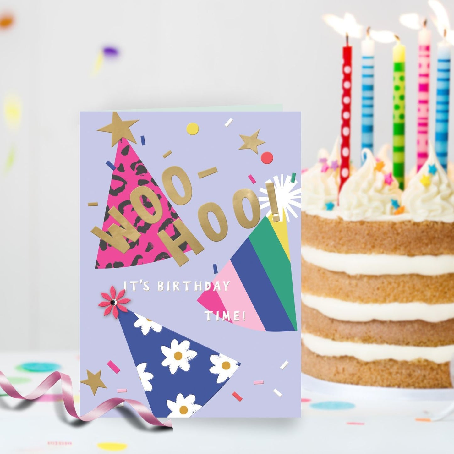 Embellished Woo-Hoo! Party Hats Birthday Greeting Card Celebration Extravaganza