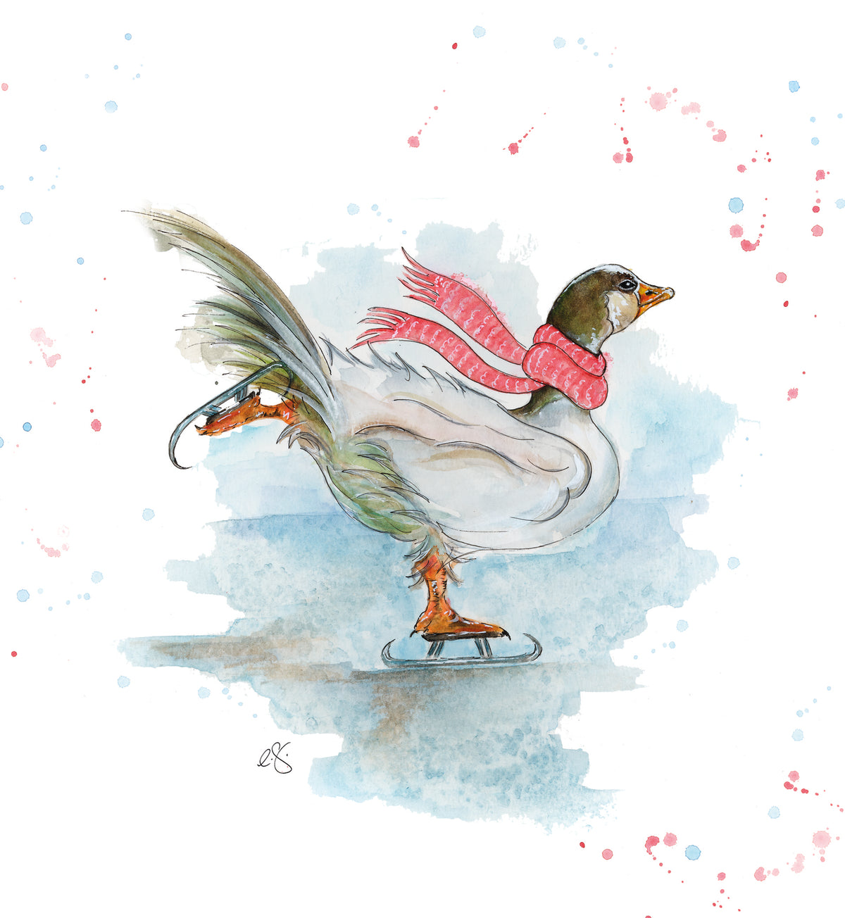 Quitting Hollywood Christmas Card Artistic Watercolour Design Goose Ice Skating