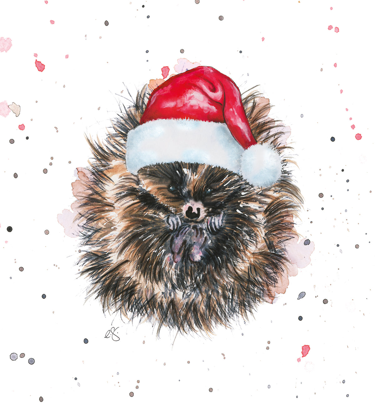 Artistic Watercolour Design Hedgehog Wearing A Santa Hat Christmas Card