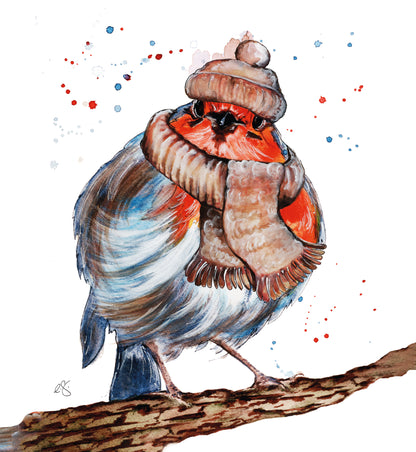 Artistic Watercolour Design Robin In Scarf & Hat Christmas Card