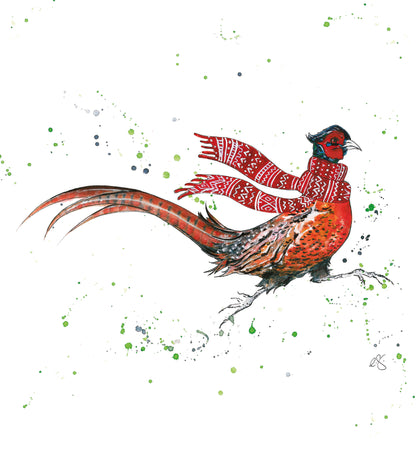 Artistic Watercolour Design Running Pheasant In A Scarf Christmas Card