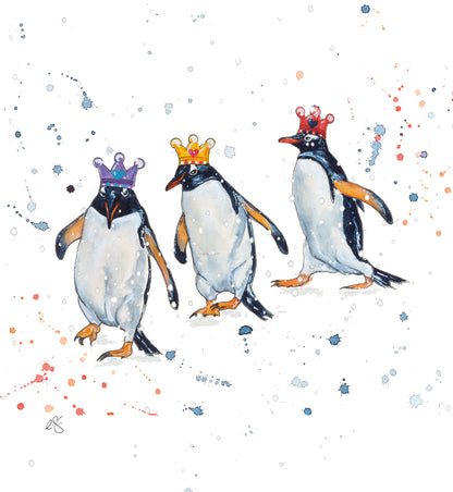 Artistic Watercolour Design Penguins Wearing Crowns Christmas Card