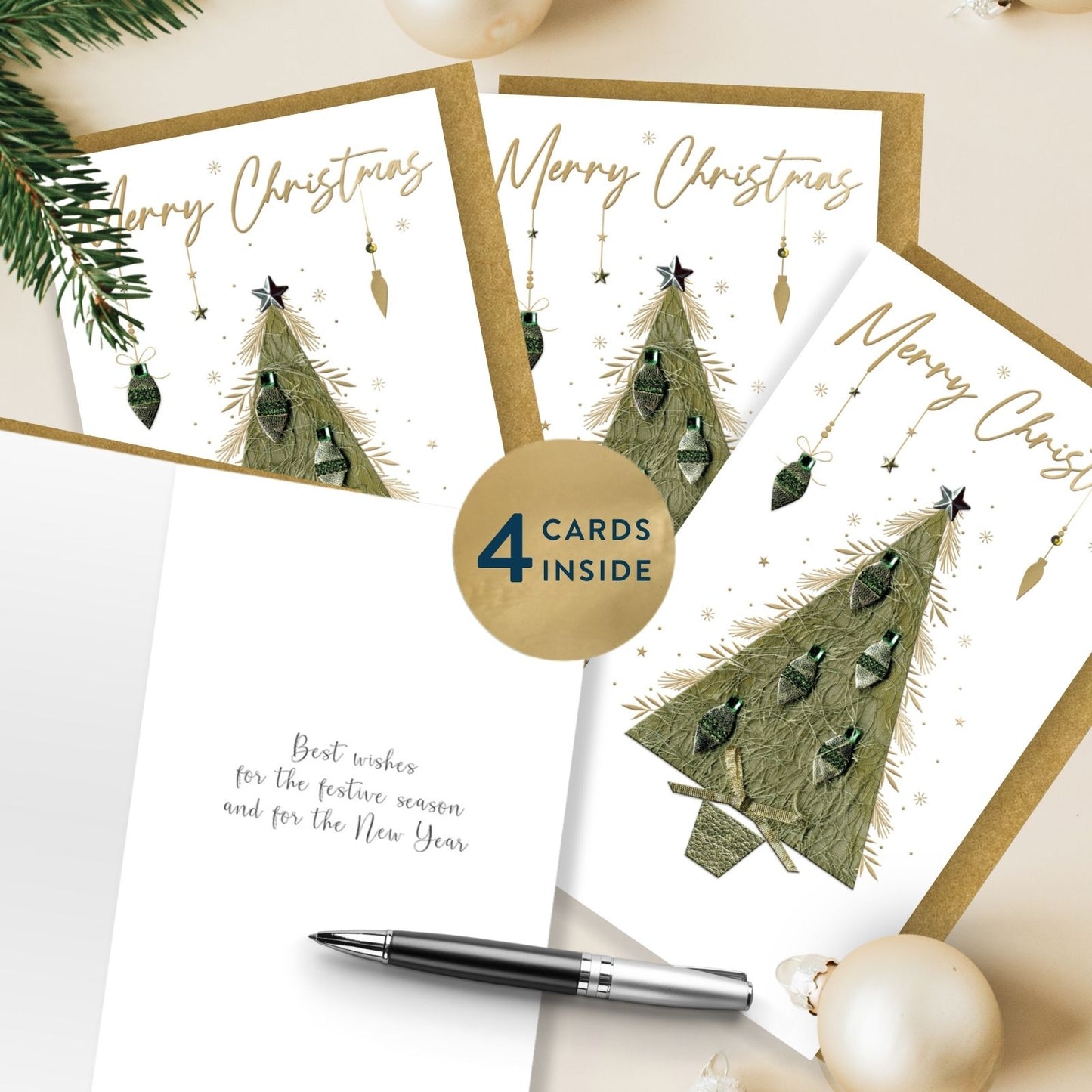 Box Of 4 Christmas Cards Luxury Champagne Hand-Finished Embellished Tree Design