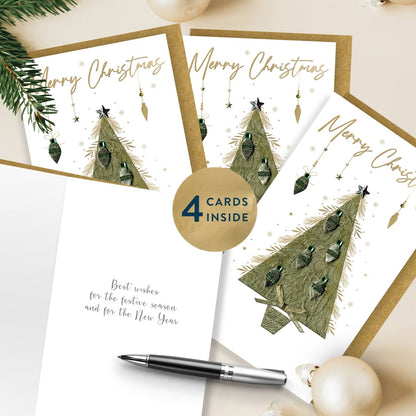Box Of 4 Christmas Cards Luxury Champagne Hand-Finished Embellished Tree Design