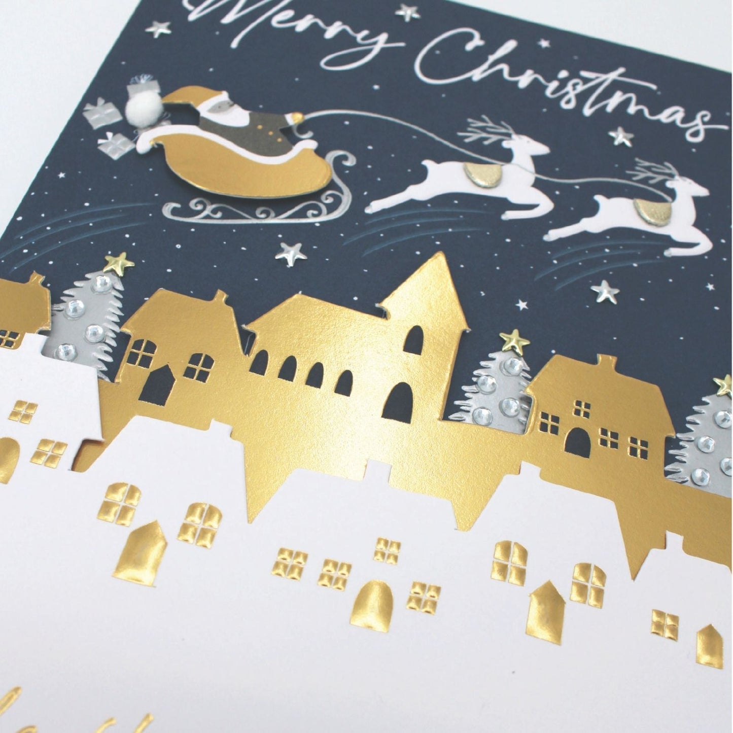 Box Of 4 Christmas Cards Luxury Champagne Hand-Finished Embellished Santa Design