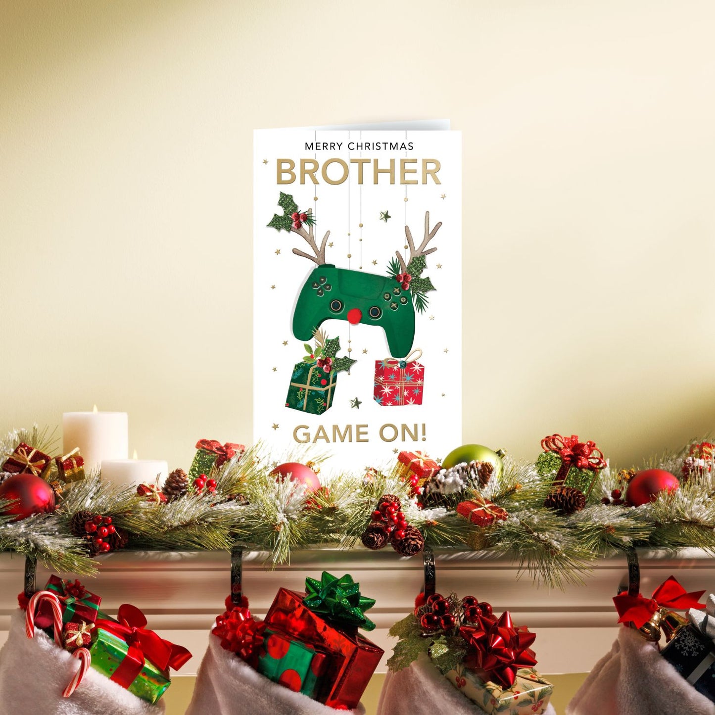 Embellished Brother Game On Champagne Hand-Finished Christmas Greeting Card