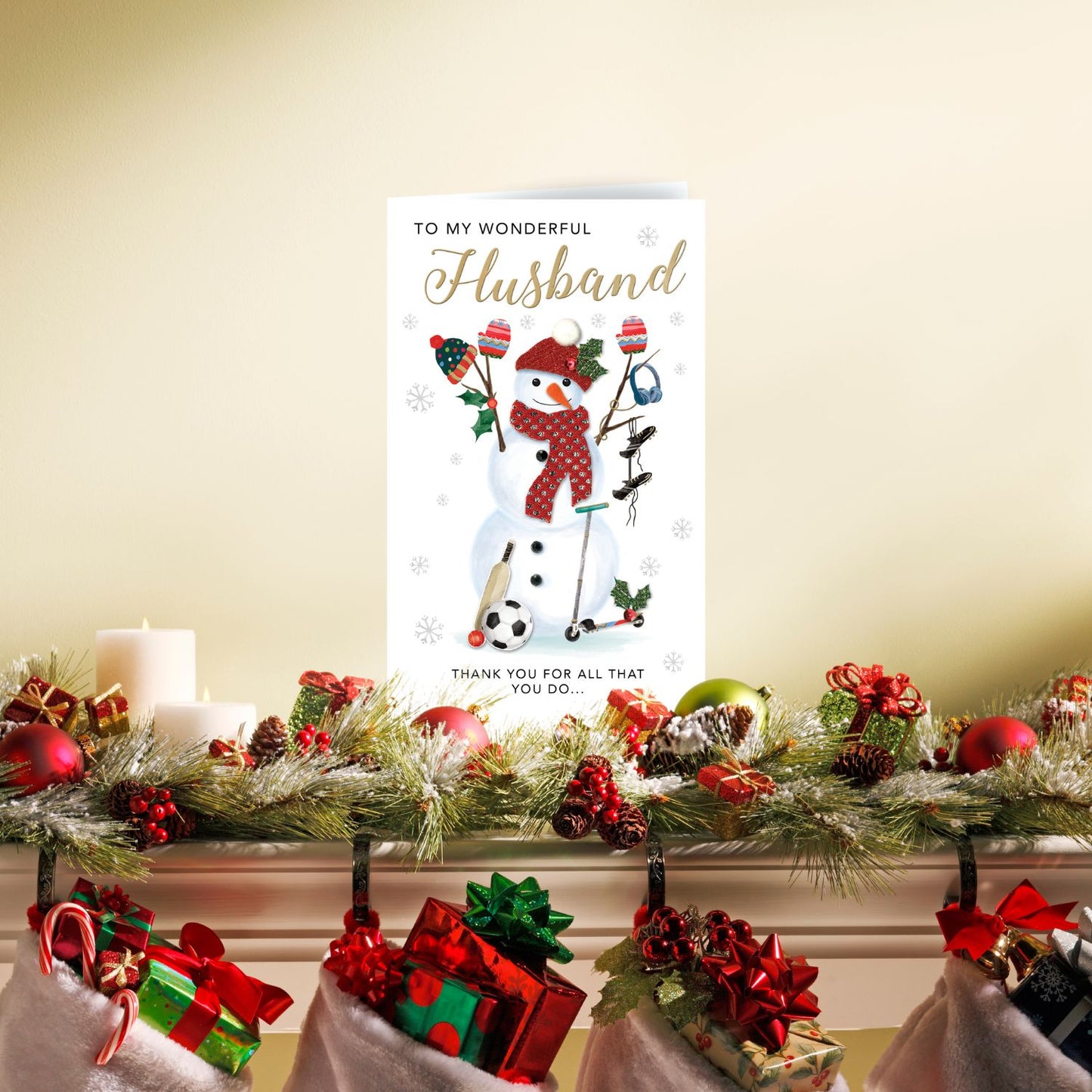 Embellished My Wonderful Husband Champagne Hand-Finished Christmas Greeting Card