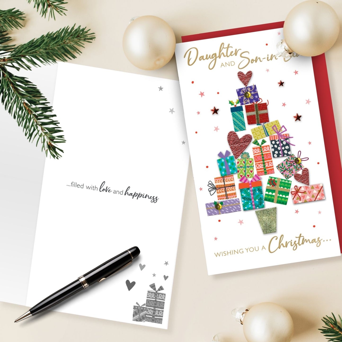 Daughter & Son-In-Law Christmas Card Hand-Finished Embellished Tree Gifts Design