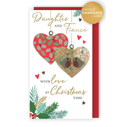 Daughter & Fiancé Christmas Card Hand-Finished Embellished Heart Baubles Design