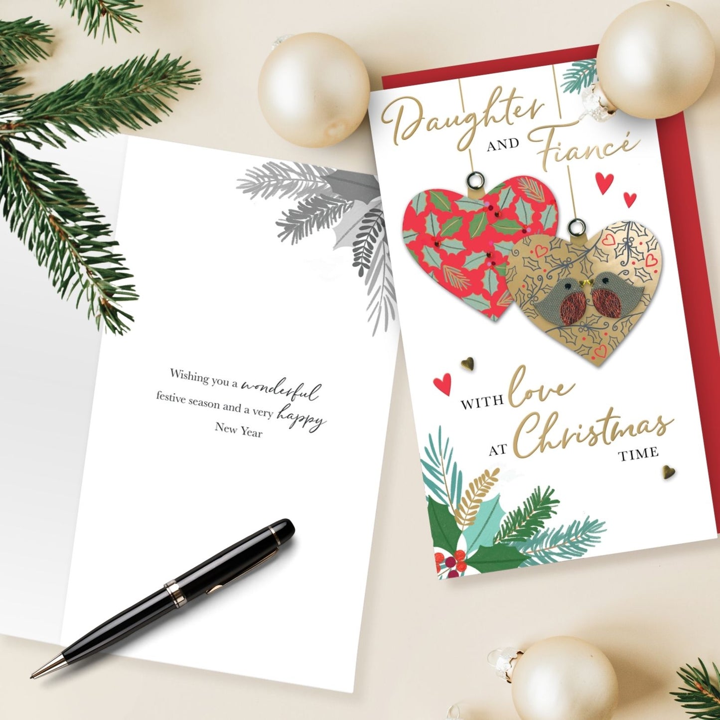 Daughter & Fiancé Christmas Card Hand-Finished Embellished Heart Baubles Design