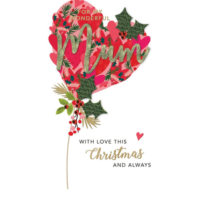 Mum Christmas Card Hand-Finished Embellished Hearts Balloon Design