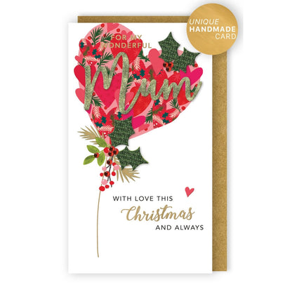 Mum Christmas Card Hand-Finished Embellished Hearts Balloon Design