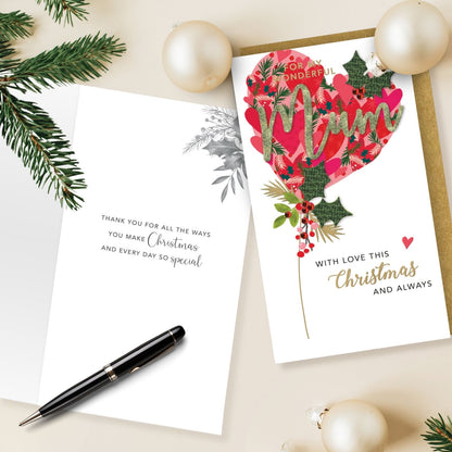 Mum Christmas Card Hand-Finished Embellished Hearts Balloon Design