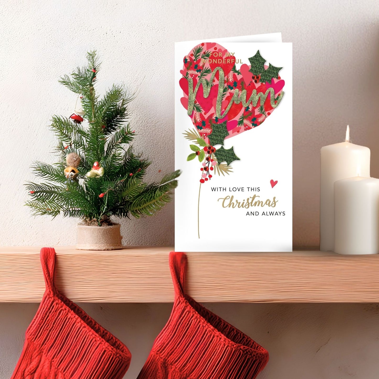 Mum Christmas Card Hand-Finished Embellished Hearts Balloon Design