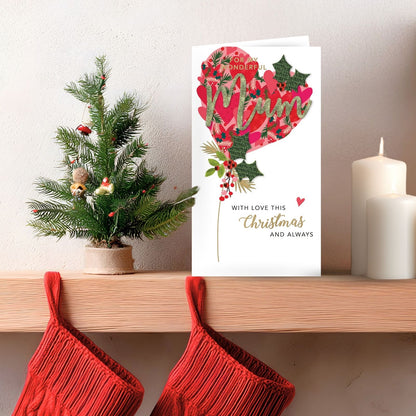 Mum Christmas Card Hand-Finished Embellished Hearts Balloon Design