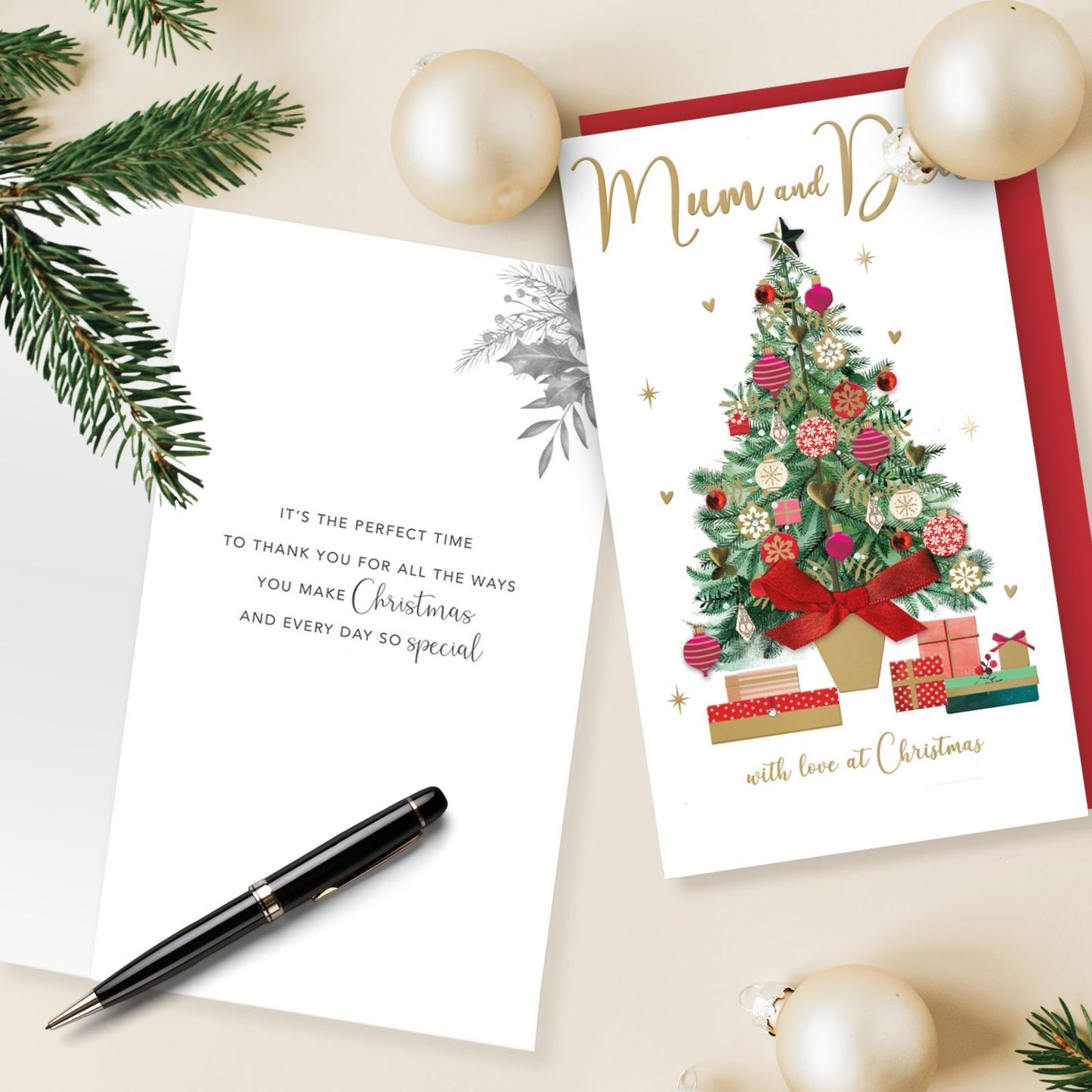 Mum & Dad Christmas Card Hand-Finished Embellished Festive Xmas Tree Design